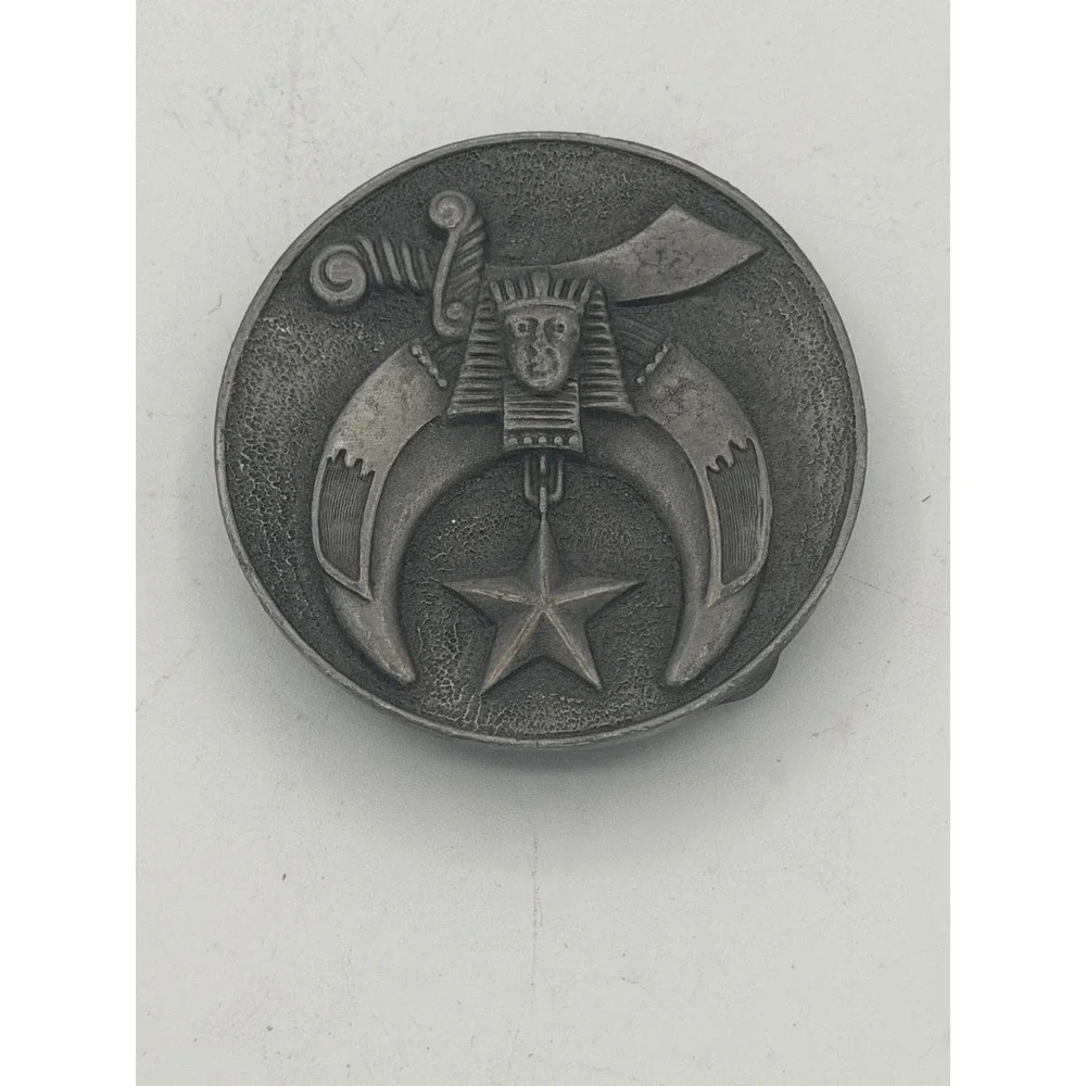 Vtg Shriners Masonic Belt Buckle Pewter Tone Crescent Scimitar Fraternal Emblem
